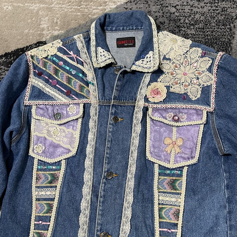 Vintage‎ Sunbelt Jacket Womens Large Denim Lace Patchwork Embroidered Unique 90s